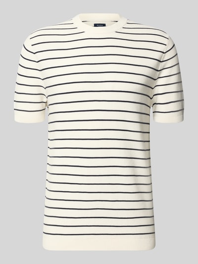 Produktfoto, Strickshirt mit geripptem Rundhalsausschnitt von MCNEAL aus gewachster Baumwolle, weiß mit schwarzen Streifen, gerader Schnitt.