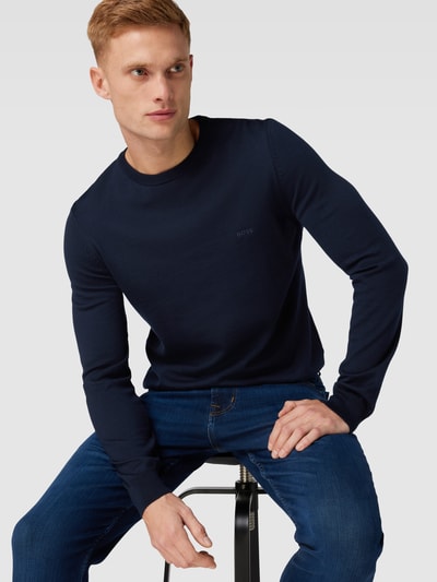 BOSS Gebreide pullover met labelstitching, model 'Botto' Marineblauw - 3