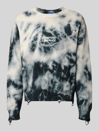 Produktfoto, Relaxed Fit Pullover aus reiner Baumwolle Modell 'SESTROY' von Hugo Blue, Batikmuster in Schwarz-Weiß, Rundhals, Feinstrick, Label Print, Allover Used Look