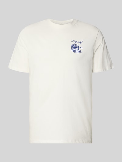 Produktfoto, T-Shirt mit Motiv-Print Modell 'EGEBJERG' von Casual Friday aus reiner Baumwolle in Offwhite mit blauem Print, Regular Fit, Rundhalsausschnitt, glatte Struktur