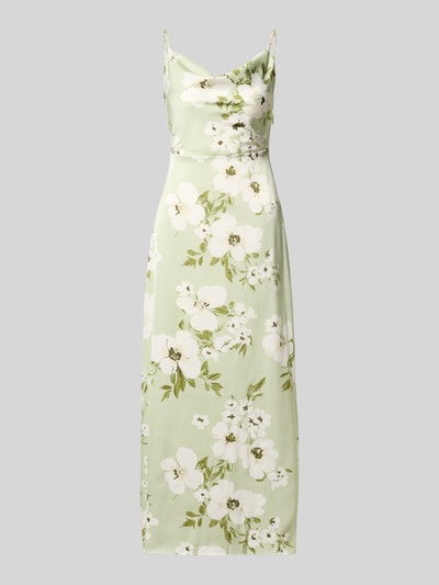 Produktfoto, zartgrünes Satin-Midikleid im Allover-Blumen-Look Modell 'RAVENNA' von Vila, gerader Schnitt mit Wasserfall-Ausschnitt.