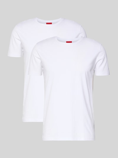 Produktfoto, T-Shirt mit Logo-Print im 2er-Pack Modell 'HUGO-Round' von HUGO, Unifarbenes-Design in Weiß, Baumwoll-Mix mit Stretch-Anteil, Gerader-Schnitt, Rundhalsausschnitt, für Herren, Rückenlänge bei Größe M 69 cm.