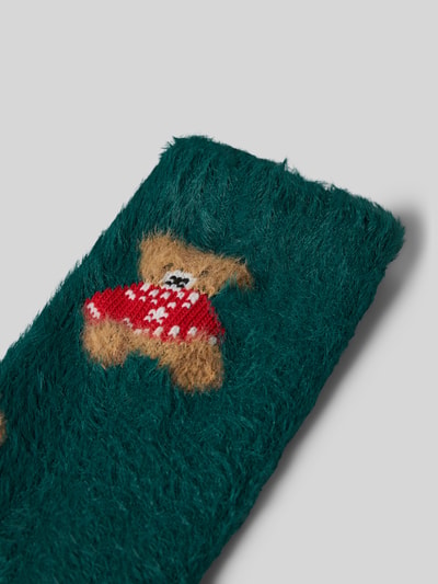 Produktfoto, Socken aus elastischem Material-Mix Modell 'Bär' von CAPELLI NEW YORK, grün mit Bär-Motiv, weiche Textur, Damen Socken