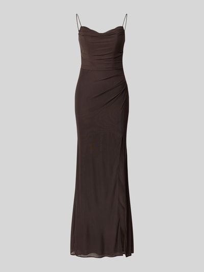 Produktfoto, Abendkleid mit Seitenschlitz von Laona in Braun, körpernahe Passform, Maxikleid, Karree-Ausschnitt, feiner Stoff, Rückenlänge 126 cm, Brustweite 32 cm, Reißverschluss auf der Rückseite, eleganter Look