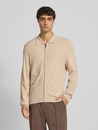 MCNEAL Slim fit gebreid jack van viscosemix met platte kraag Zand gemêleerd - 4