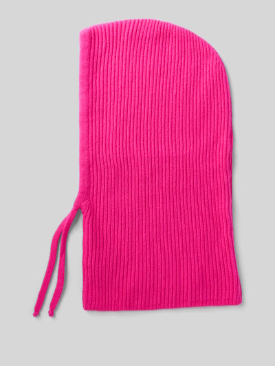 Produktfoto, Balaklava mit Schurwoll-Mix von UNIO HAMBURG in kräftigem Pink, Ripp-Strickoptik, Bindebänder, Damen Balaklava.