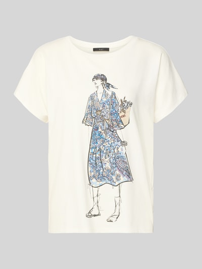 Produktfoto, T-Shirt mit Motiv-Print von Oui in Offwhite, Baumwoll-Mix mit Modal-Anteil, Relaxed Fit, Rundhalsausschnitt, Motiv und Ziersteinbesatz
