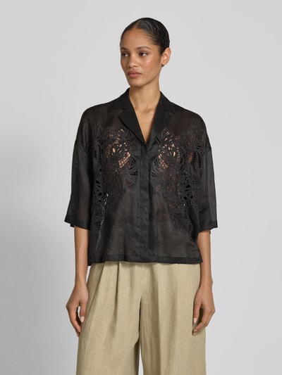 Max Mara Studio Bluzka koszulowa o kroju regular fit z haftem angielskim model ‘LEGNO’ Czarny 4