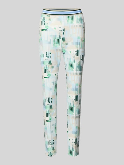 Produktfoto, Slim Fit Leggings mit elastischem Bund von Marc Cain im Elastischer-Material-Mix mit Allover-Statement-Print, grüne und blaue Muster auf weißem Grund, Bundweite 38 cm, Innenbeinlänge 76 cm bei Größe 36