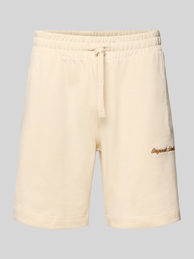 Produktfoto, Shorts mit Label-Stitching Modell 'KARL' von Jack & Jones aus Baumwoll-Mix in Beige, Relaxed-Fit, elastischer Bund, seitliche Eingrifftaschen, Bundweite 42 cm, Innenbeinlänge 20 cm