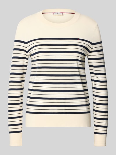 Produktfoto, Regular Fit Strickpullover aus Baumwoll-Mix van Tommy Hilfiger in beige met donkerblauwe strepen, ribgebreide boord, logostiksel