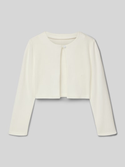 Produktfoto, Regular Fit Jacke in Strick-Optik von Une Hautre Couture, cremeweiß, Rundhalsausschnitt, Knopf, glatte Textur, lange Ärmel.