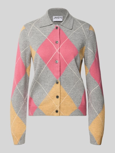 Produktfoto, Regular Fit Strickjacke mit Woll-Anteil von Jake*s Casual in Grau mit rosa und gelben Tartan-Muster, Knopfleiste, Polokragen, Allover-Muster, Stricktextur