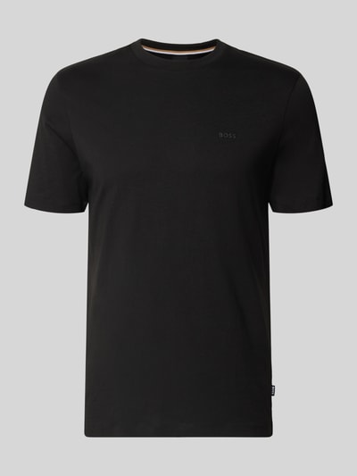 Produktfoto, schwarzes Herren T-Shirt aus reiner Baumwolle mit geradem Schnitt, gerippter Rundhalsausschnitt, dezenter Logo-Print, Modell 'Thompson' von BOSS, Rückenlänge bei Größe M 71 cm.