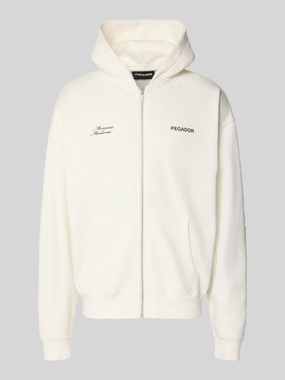 Produktfoto, Oversized Sweatjacke mit Label-Print Modell 'Rochefort' von Pegador in Weiß, Baumwoll-Mix, Kapuze, Reißverschluss, Eingrifftaschen, glatte Struktur