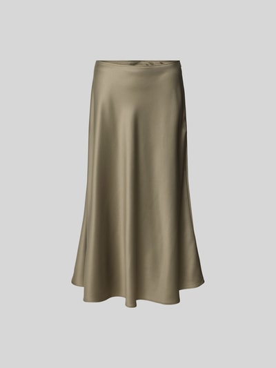 Produktfoto, Midirock aus Satin mit Reißverschluss von Juvia in glänzendem, glattem Goldton, schmale Passform, Midi-Länge, Bundweite 38 cm, Gesamtlänge 81 cm