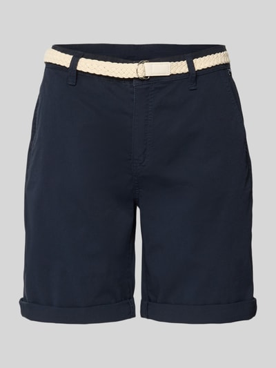 Produktfoto, Chino-Shorts mit Gürtel von MAC in Dunkelblau, Baumwoll-Elasthan-Mix, Regular-Fit, Eingrifftaschen, Bundweite 40 cm, Innenbeinlänge 20 cm.