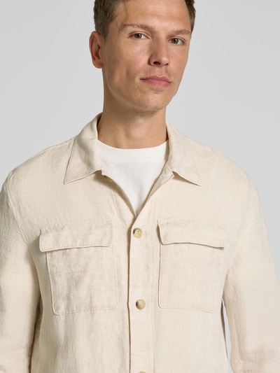 Manuel Ritz Regular fit linnen overhemdjack met klepzakken op de borst Offwhite - 3