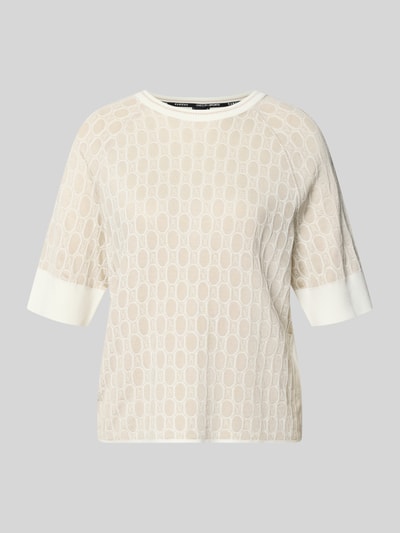 Produktfoto, Relaxed Fit Bluse aus Viskose-Mix mit Allover-Logo-Detail von Marc Cain, Strick-Optik in Beige und Creme, Halbarm, Rundhalsausschnitt, Rückenlänge Größe 36: 54 cm, Ärmellänge Größe 36: 32 cm