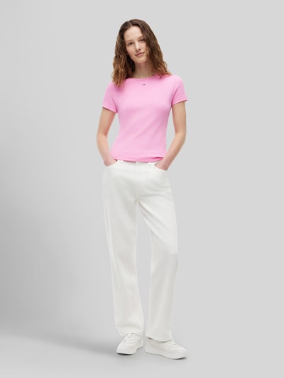 Tommy Jeans slim fit T-shirt van katoenmix in ribtricot Felroze gemêleerd - 1