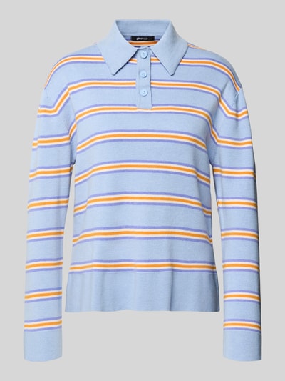 Produktfoto, Regular Fit Poloshirt met viscose van Gina Tricot, materiaalmix, tricotlook, polokraag, met lange mouwen, lichtblauw met geel-wit gestreept design