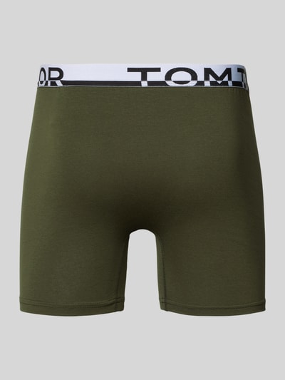 Produktfoto, Slim Fit Trunks mit Label-Schriftzug am Bund von Tom Tailor in Olivgrün, Optik: Unifarben, Passform/Schnitt: Regular-Fit, Label-Schriftzug, Bundabschluss: Elastisch, Multipack: 2er-Pack, Material: Baumwoll-Elasthan-Mix, Bundweite 34,5 cm bei Größe M