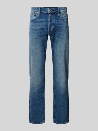 Produktfoto, Straight Fit Jeans im 5-Pocket-Design von G-Star Raw, blauer Baumwoll-Mix mit Stretch, sichtbare Waschung, gerade Form, klassische Denim-Textur.