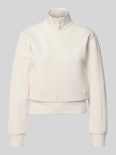 Produktfoto, cremefarbene Sweatjacke mit Logo-Muster Modell 'CALISTA' von Guess Activewear, Stehkragen, Reißverschluss, Material-Mix