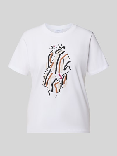 Produktfoto, Regular Fit T-Shirt mit Motiv-Print von Comma, weiß mit Rundhalsausschnitt, elastischer Baumwoll-Modal-Mix, Rückenlänge 57 cm.