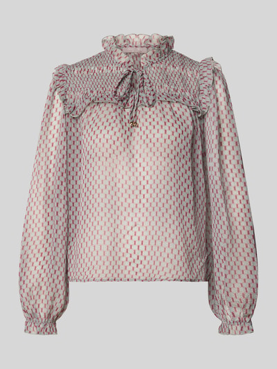 Produktfoto, Regular Fit Bluse mit Schnürung und Rüschen van Christian Berg Woman Selection, roze-witte allover-look met opstaande kraag, lichte stof, textuur van rimpels