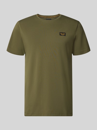 Produktfoto, T-Shirt mit Label-Details und Rundhalsausschnitt von PME Legend aus Baumwoll-Elasthan-Mix in Regular-Fit, olivgrün, Rückenlänge bei Größe M 70 cm.
