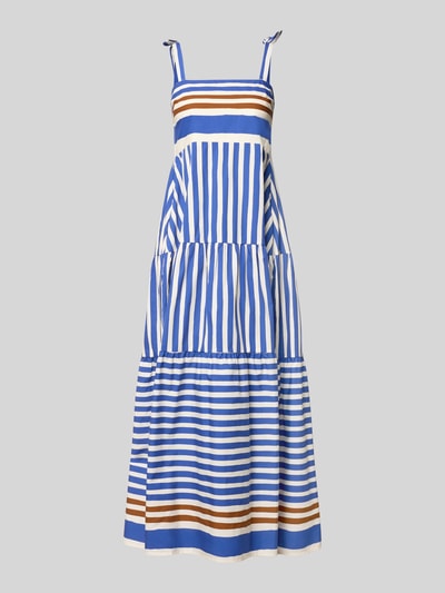Productfoto, Midikleid im Stufen-Look van Stefanel in blauw met witte en bruine strepen, katoen, a-lijn, carré-hals, vooraanzicht
