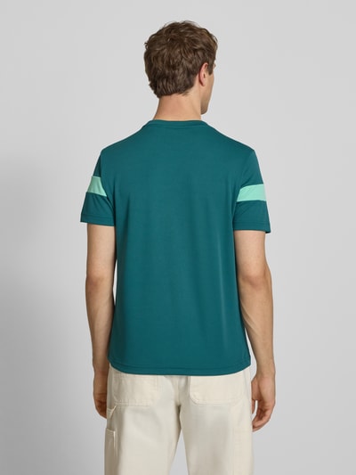 Männermodel trägt Regular Fit T-Shirt mit Logo-Print Modell 'Leone' von SERGIO TACCHINI in Grün, Rückenlänge 71 cm, Ganzkörperansicht Rückansicht.
