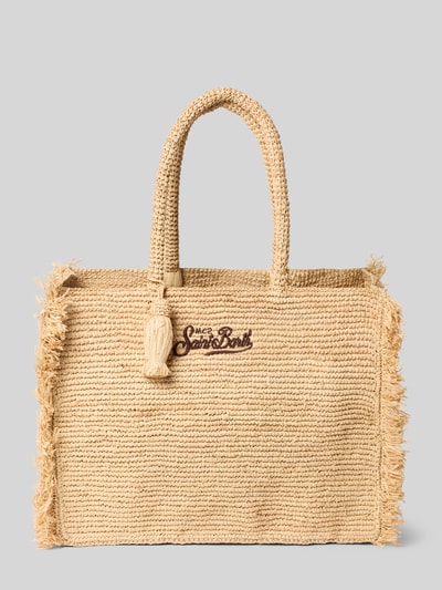 Productfoto, shopper van raffiabast met franjes, labelstitching, hoofdvak, draagband, model 'VANITY RAFFIA FRINGES' van MC2 Saint Barth, breedte 39 cm, lengte 31 cm, diepte 20 cm, bandlengte schouderband 55 cm