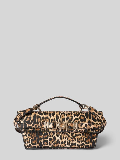 Produktfoto, Handtasche im Allover-Look Modell 'CIRENE' von Guess, Muster in Braun- und Schwarztönen, Label-Applikation, Szerokość w rozmiarze 26 cm, długość 13 cm, głębokość 9 cm, długość paska na ramię 114 cm