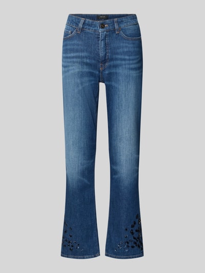 Produktfoto, Feminine Fit Jeans mit Pailletten von Marc Cain in Blau, Baumwoll-Elasthan-Mix, Regular Waist, Eingrifftaschen, Bundweite 37 cm, Innenbeinlänge 70 cm.