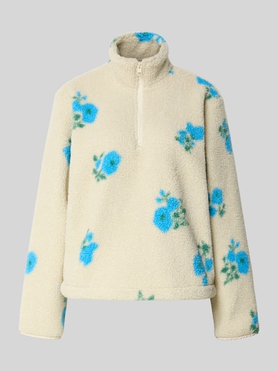 Produktfoto, Regular Fit Pullover mit Stehkragen Modell 'Vera' von JJXX aus Teddyfell mit Reißverschluss und blauen Blumenmotiven