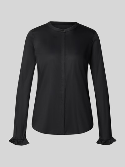 Produktfoto, schwarze Bluse mit Mao-Kragen und Rüschenärmeln Modell 'Mattie' von MOS MOSH, Baumwoll-Mix, verdeckte Knopfleiste, Straight Fit