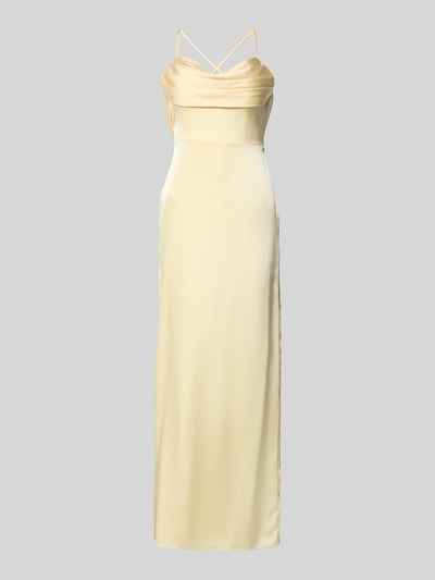 Produktfoto, Abendkleid aus Satin mit Rückenausschnitt von Laona in hellem Gelb, taillierte Passform, gelegte Falten, Spaghetti-Träger