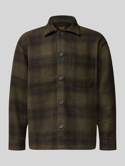 Produktfoto, Regular Fit Hemdjacke mit Brusttasche Modell 'SOHO OLLIE' von JACK & JONES, kariertes Muster in Grün- und Brauntönen, Kentkragen, durchgehende Knopfleiste, weiche Wolloptik, glatt strukturierte Oberfläche