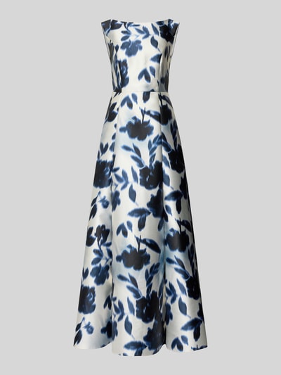 Productfoto, Abendkleid im Allover-Look van Swing, satijn, a-lijn, maxijurk, ronde hals, blauw-witte bloemprint, 146 cm ruglengte, 34 cm borstwijdte.