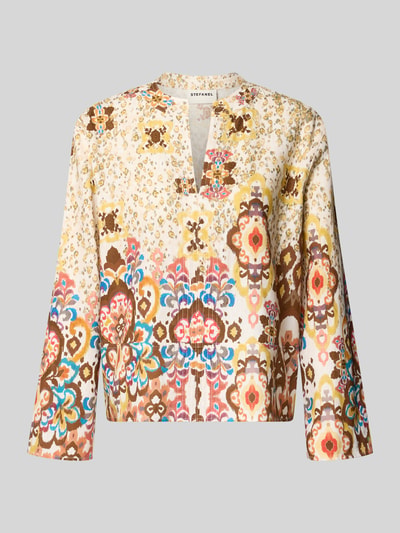 Produktfoto, Regular Fit Bluse aus mix van katoen en linnen van Stefanel model 'FILAN' met all-over look en V-hals, veelkleurig patroon, ruglengte maat S 54 cm, mouwlengte maat S 55 cm
