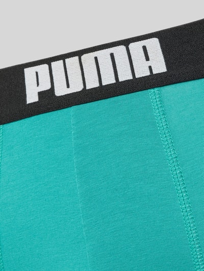 Produktfoto, Slim Fit Boxershorts aus Baumwoll-Mix im 2er-Pack Modell 'EVERDAY' von PUMA, türkisfarbener Stoff, schwarze Bund mit weißem Logo, glatte Textur, Herren Boxershorts von PUMA