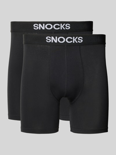 Produktfoto, zwei schwarze Boxershorts mit elastischem Label-Bund von Snocks aus Gewachste-Baumwolle-Mix mit Stretch-Anteil und Inside-Out-Nähte.