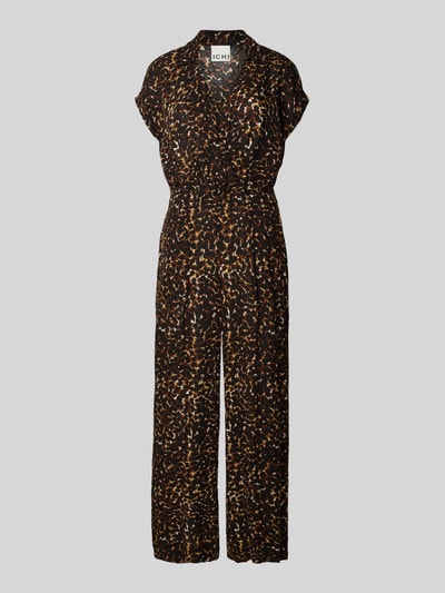Produktfoto, Jumpsuit aus Viskose Modell 'MARRAKECH' von ICHI, krój regular fit, wzór na całej powierzchni, wykładany kołnierz, dekolt w serek, długość tyłu w rozmiarze S 137 cm, szerokość w rozmiarze S 47 cm, całkowita długość w rozmiarze S 136 cm, długość wewnętrzna nogawki w rozmiarze S 68 cm
