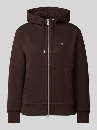 Produktfoto, Regular Fit Sweatjacke aus Baumwoll-Mix von GANT, dames sweatjack in donkerbruin met gladde textuur en zilverkleurige rits