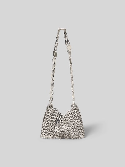 Produktfoto, Crossbody Bag mit Label-Details von Rabanne, silberfarben, metallic, Gliederketten-Optik, rechteckige Form, offenes Hauptfach, langer Riemen, Maße 17x11x2 cm