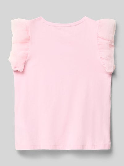 Produktfoto, T-Shirt mit Logo-Stitching und Rundhalsausschnitt von Guess in zartem Rosa, gerader Schnitt, Tüll am Ärmel, Rückenansicht