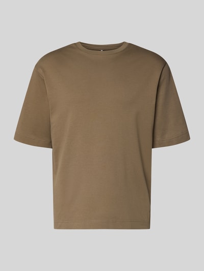 Produktfoto, T-Shirt mit Logo-Print und Rundhalsausschnitt von Profuomo aus reiner Bio-Baumwolle in Braun, Relaxed Fit, glatte Textur