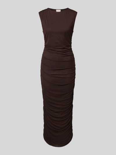 Produktfoto, Maxikleid mit Rundhalsausschnitt Modell 'Corilina Solid' von Neo Noir aus Material-Mix mit Stretch-Anteil, figurbetonter Schnitt, raffinierte Raffungen, Farbe Dunkelbraun, Rückenlänge 140 cm, Brustweite 45 cm, schlichte Oberfläche